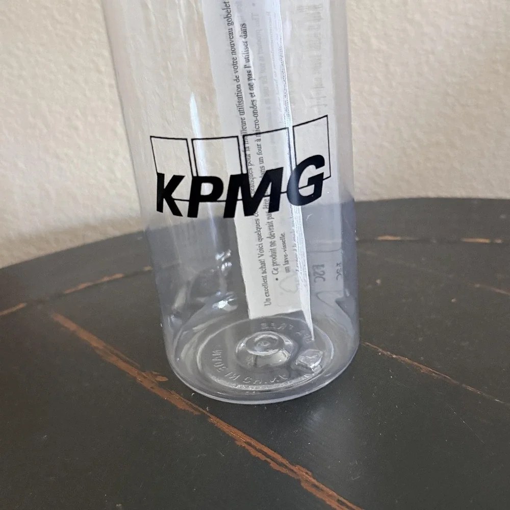 KPMG Clear Plastic Water Bottle Bamboo Screw Lid FSC‎ Logo Reusable Round